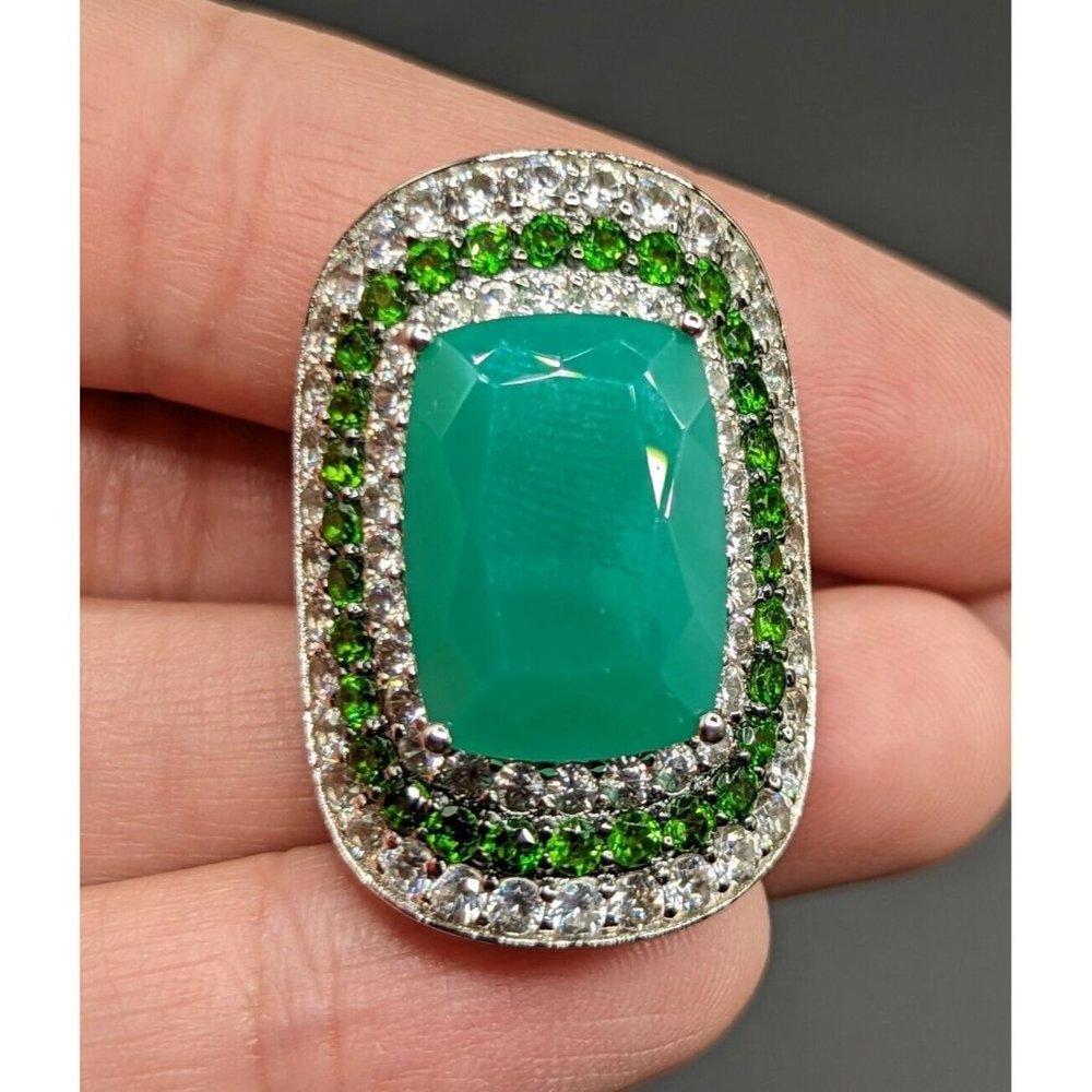 Sterling Silver Large Green Onyx Chrome Diopside Gemstone Signed BBJ Ring Size 5